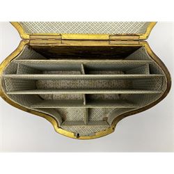Victorian papier-mâché stationary box, of rounded wedge form with mother of pearl escutcheon, the hinged and curved cover and sides hand painted with floral sprays, opening to reveal a lined and fitted interior, H15cm L22cm D16cm