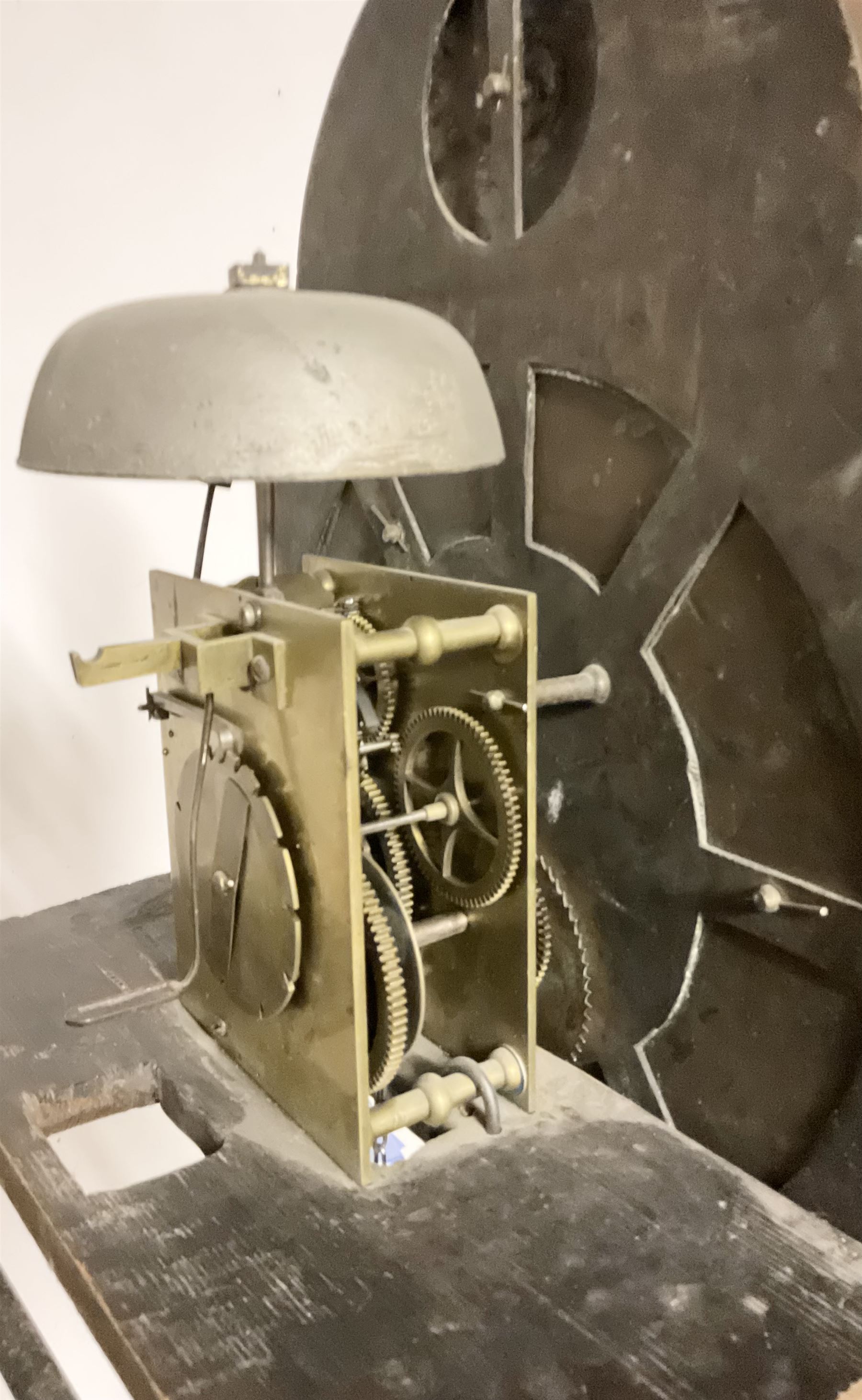 Timothy Richardson of Darlington-late 18th century 30hr longcase clock movement and dial c 1780, break arch brass dial with engraved spandrels, engraved dial centre and date aperture, silvered boss to the arch with makers name and place of work, with a silvered chapter, Roman numerals, five minute Arabic's, minute track and original steel hands, dial pinned directly to a chain driven movement with a recoil anchor escapement and outside countwheel strike, sounding the hours on a cast bell. With weight and pendulum. Dial 12