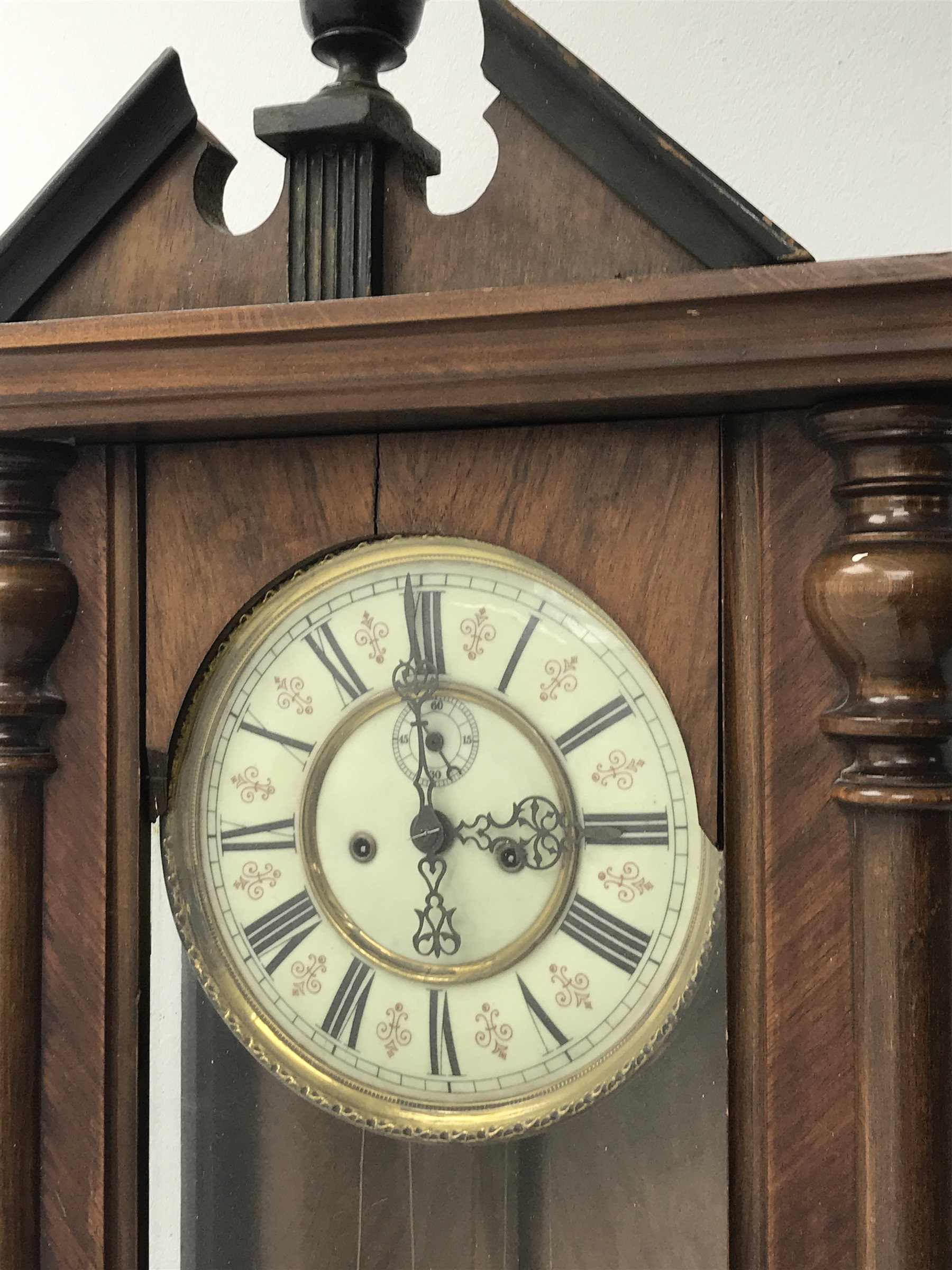 Late 19th century Vienna type wall clock, walnut and beech cased, eight day movement striking the hours and half on coil, H107cm (two weights and pendulum)