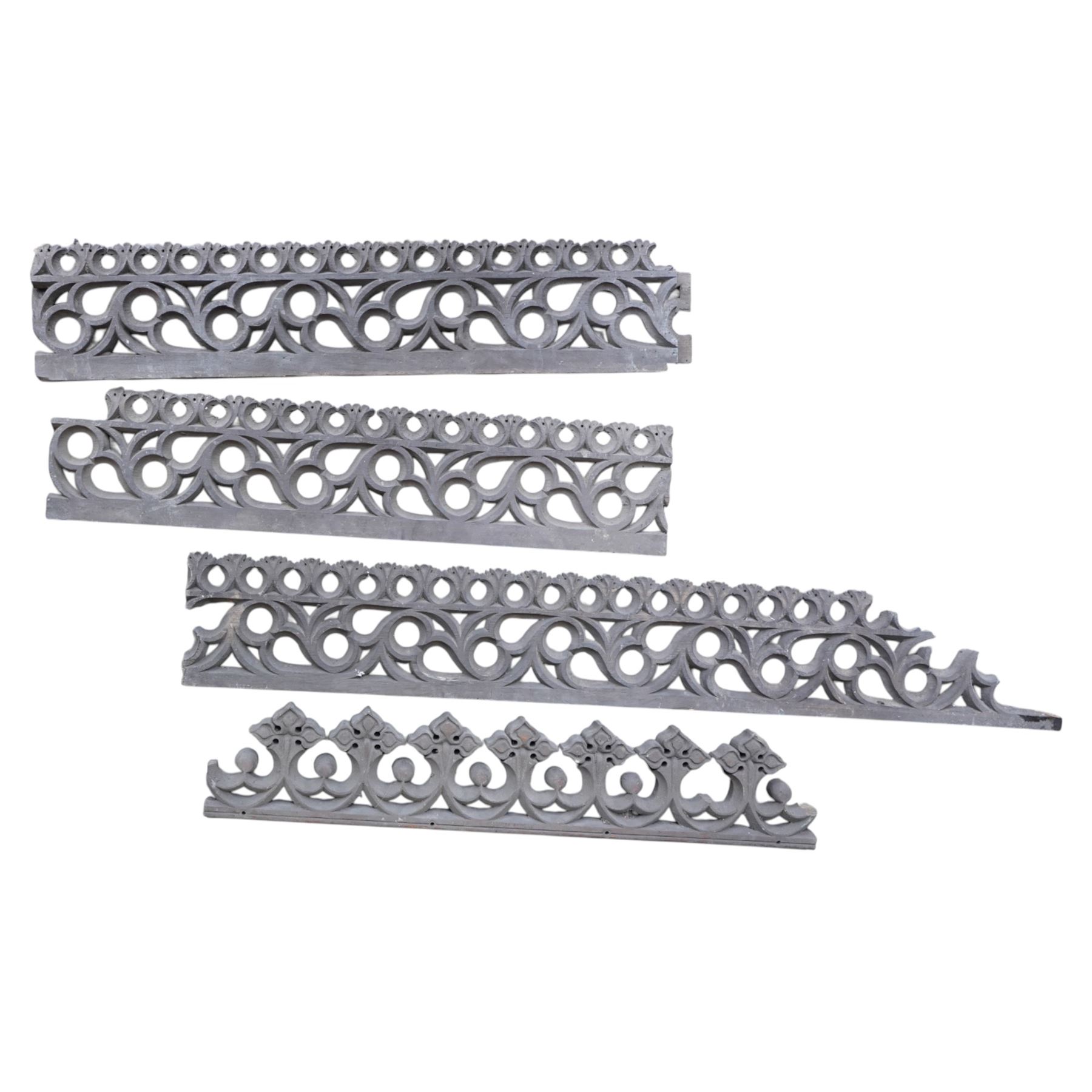 Architectural Salvage - Quantity of oak architectural feaatures including set of six carved communion rail supports, pierced and carved decorative panels, lead mounted pelmet etc
Note: Removed in the 19th century from the church in the grounds of a private Yorkshire estate 
Provenance: property of a Nobleman