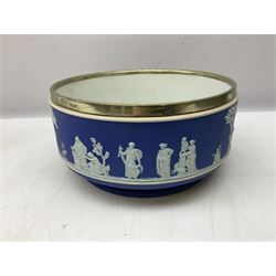 Wedgwood blue Jasperware salad bowl with silver plated collar and matching servers, bowl D22.5cm