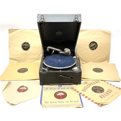 Columbia No.202 portable 'picnic' gramophone with integral winding handle and side carrying handle L41cm; and small quantity of 78rpm records