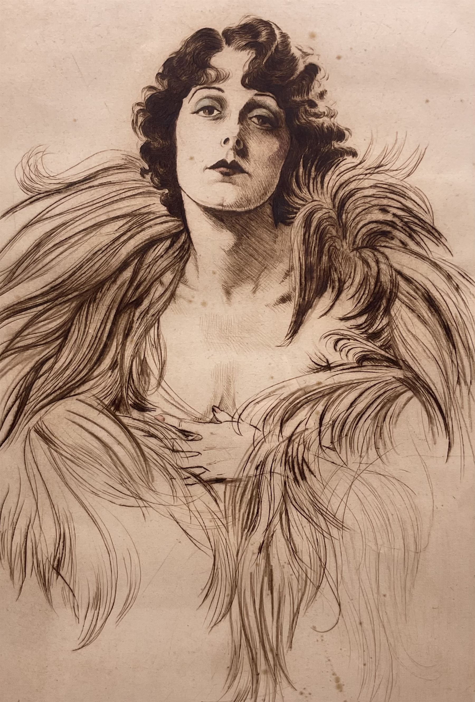 Frank Martin (British 1921-2005): 'Norma Talmadge' (1894-1957), limited edition sepia etching with highlighted colours signed titled and numbered 33/100 in pencil, with 'Seen Editions London' blindstamp 45cm x 30cm