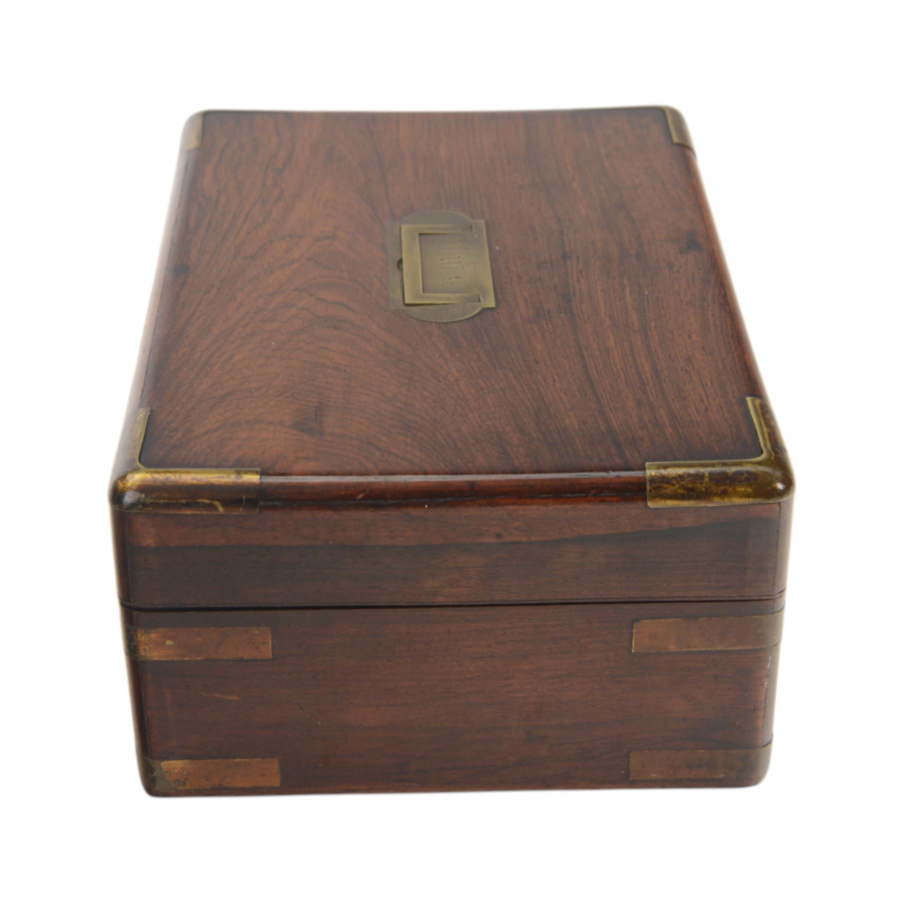 Victorian rosewood brass-bound work box, of rectangular form with flush brass handle engraved with initials, H13cm, W30cm