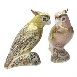 Two Royal Crown Derby paperweights, comprising Cockatoo, with gold stopper and Citron Cockatoo, with gold stopper, both with printed mark beneath and original box