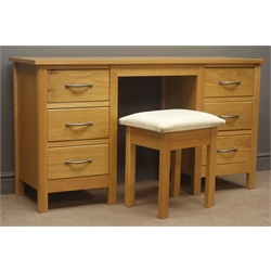  Twin pedestal oak desk, two sets of three drawers, stile supports, W138cm, H76cm, D43cm  