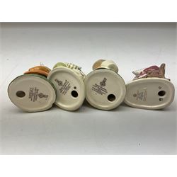 Fifteen Royal Doulton Brambly Hedge figures, comprising Wilfred Toadflax, Dusty Dogwood, Mrs Toadflax, Mr Apple, Primrose Woodmouse, Lord Woodmouse, Poppy Everbright, two Lady Woodmouse, two Old Mrs Everbright, Mr Toadflax, Mrs Apple, Santa Bunnykins and Bunnykins, together with three Royal Albert Wind in the Willows figures comprising Ratty, Badger and Mole, all with printed marks beneath (18)