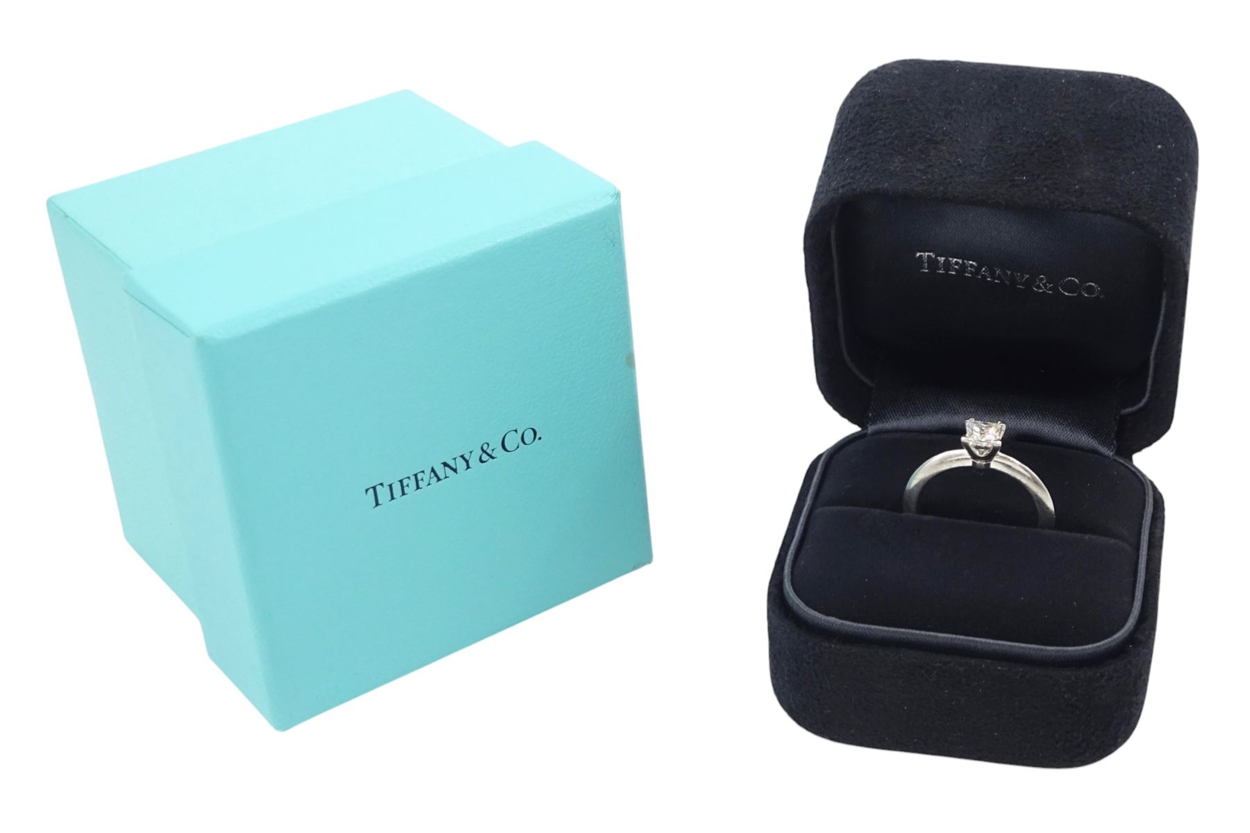 Tiffany & Co platinum single stone, princess cut diamond ring, London 2014, diamond 0.40 carat, boxed