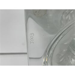 Large and impressive Lalique Versailles pattern glass vase, of classical baluster form with gadrooned flared rim, the body moulded in relief with fruiting vines above part fluting, upon a spreading circular foot with moulded decoration, and plain square plinth base, signed Lalique France to side of plinth, overall H35cm, with original box 