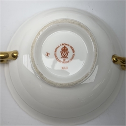 A selection of assorted Crown Derby, comprising three Mikado pattern dessert plates, D21.5cm, a Blue Aves pattern dish, a small Red Aves beaker, a Gold and Red Aves twin handled soup bowl with heraldic border, a small Royal Antoinette pattern plate, small commemorative dish, and a paperweight modelled in the form of a teddy bear (lacking stopper). 