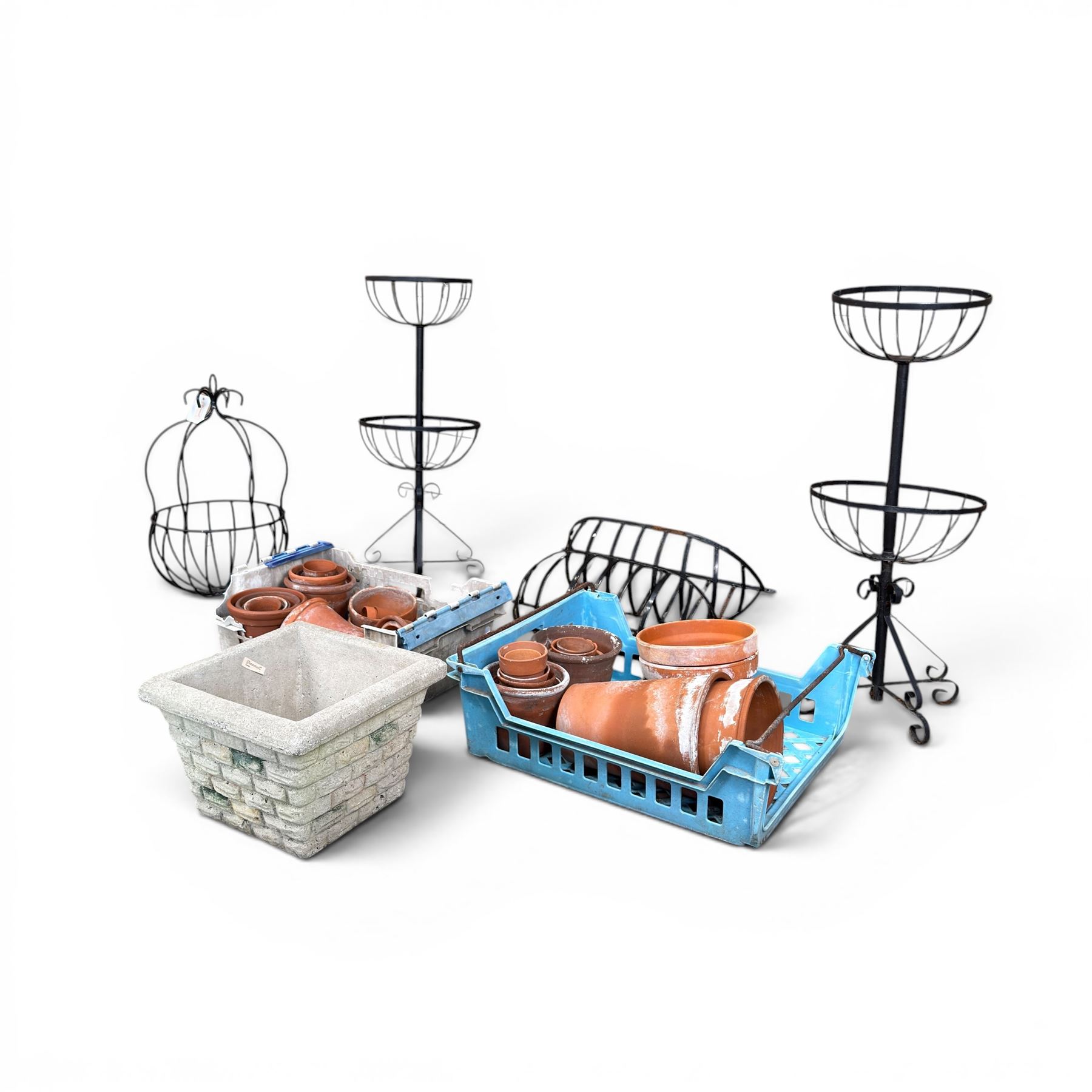 Pair of two tiered flower baskets, two hay racks, hanging basket, two boxes of plant pots and a square stone planter