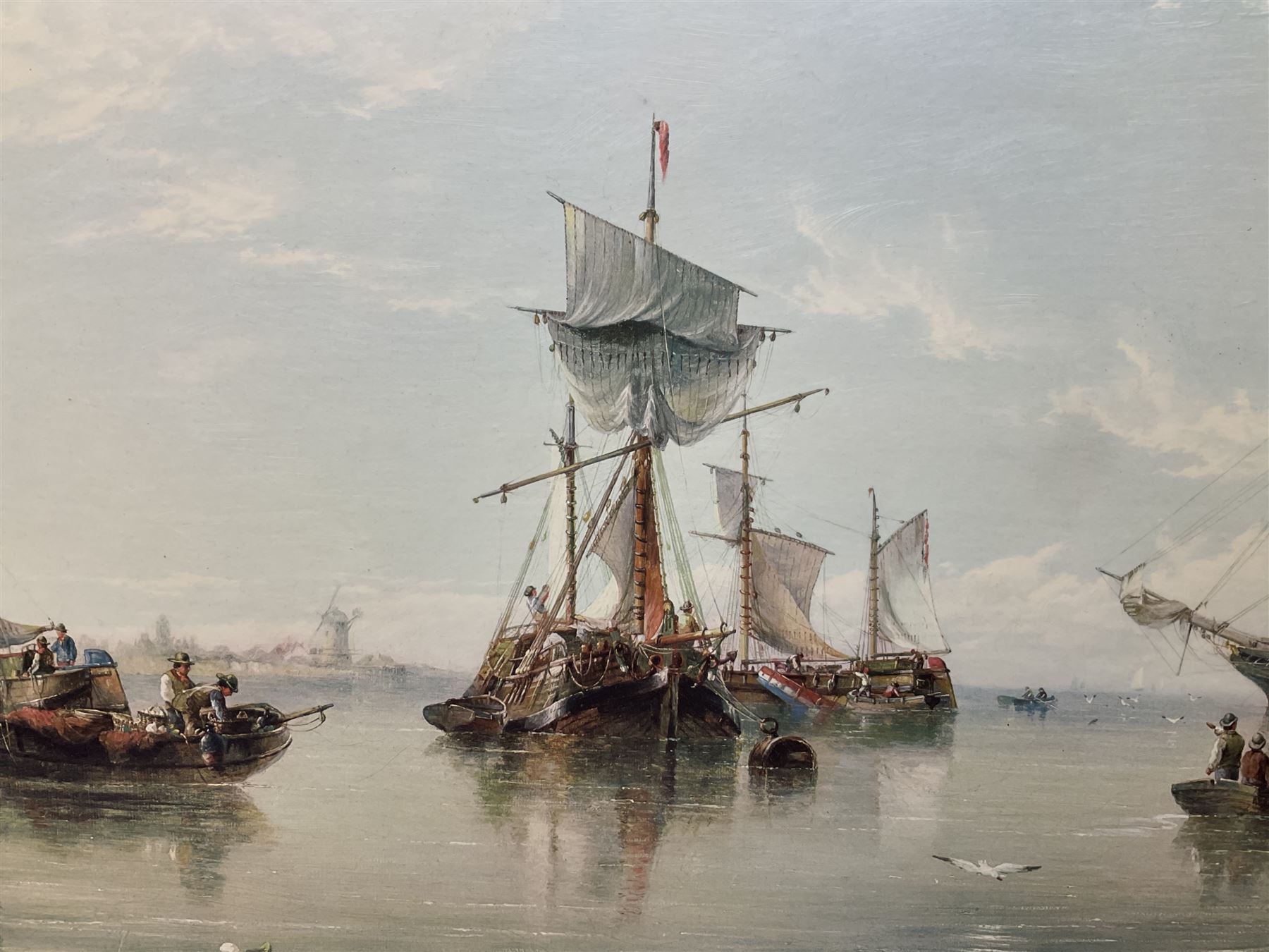 Framed oleograph type print after Henry Redmore, Calm on the Humber, overall H60cm W121cm