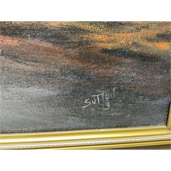 Keith Sutton (British 1924-1991): Privateer off the Coast at Sunset, oil on canvas signed 60cm x 122cm