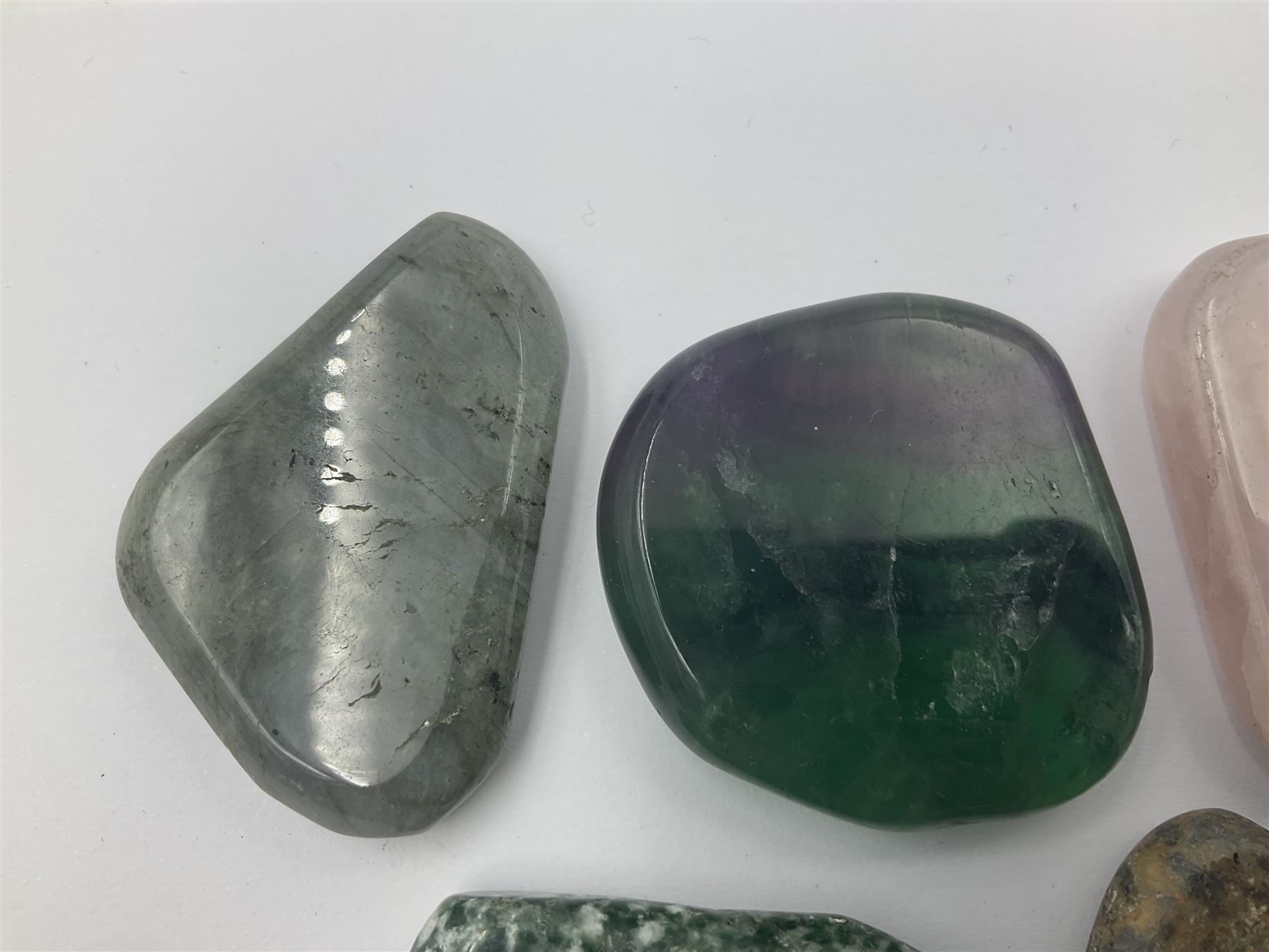 Fifteen mineral specimens, each cut and polished to highlight natural formations, including lapis lazuli, rose quartz, green aventurine, jasper, black obsidian etc, L4cm