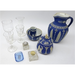  Victorian jasperware jug applied with ferns and bluebells, Wedgwood Jasperware bowl & cover, matching sugar bowl and cream pourer, Georgian short ale glass with wrythen trumpet bowl, Sterling silver topped inkwell, Intaglio blue glass pin dish and other 19th century and later glass wares   