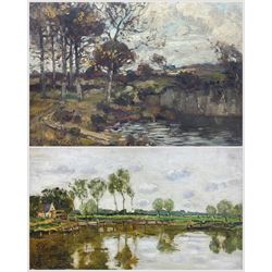 Circle of Charles-François Daubigny (French 1817-1878): River Landscape, oil on panel unsigned 24cm x 40cm; Taylor T (19th Century): Shaded River, oil on panel indistinctly signed 16cm x 21cm (2)
