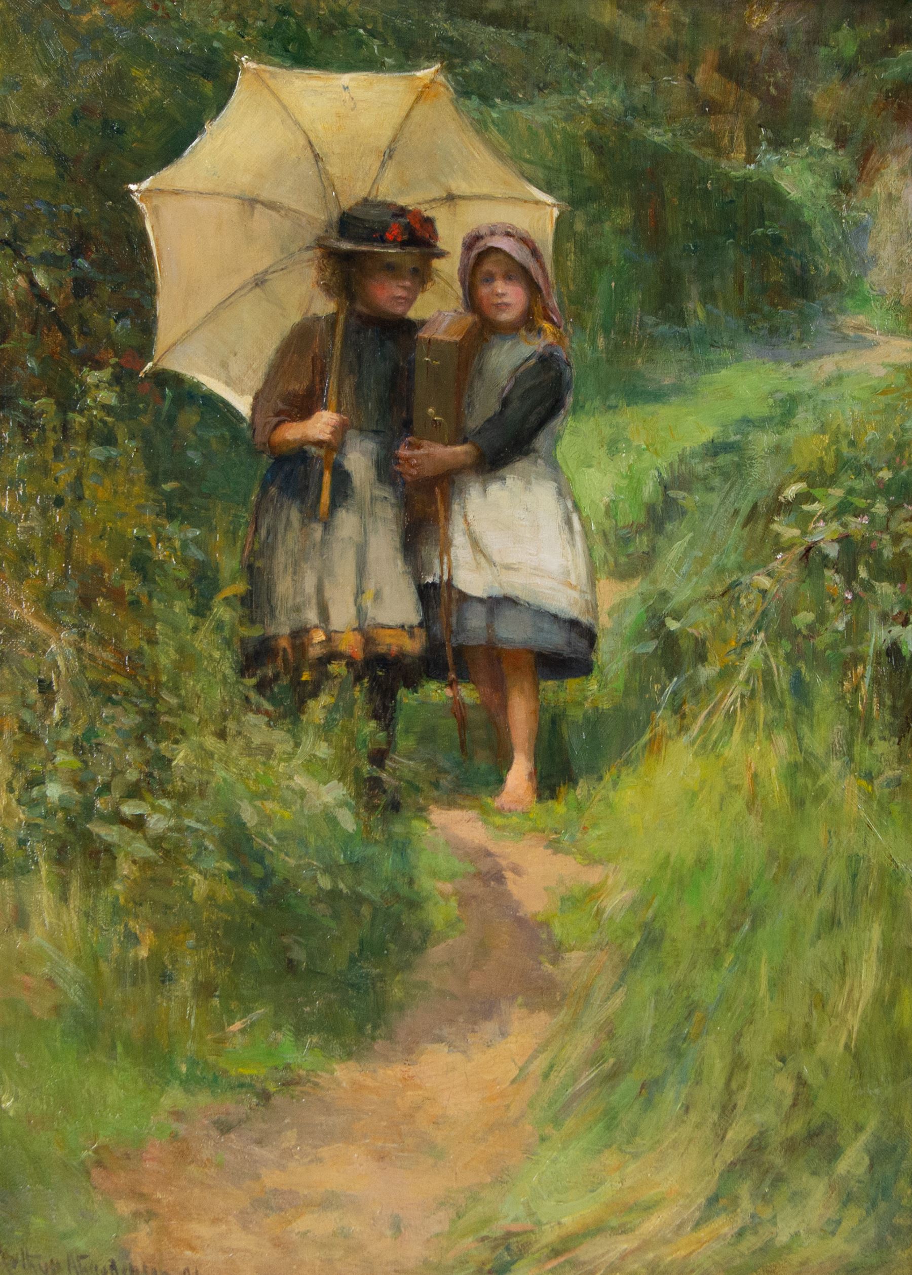 Arthur A Friedenson (Staithes Group 1872-1955): 'Artist's Followers', oil on canvas signed and dated '91, 55cm x 40cm 
Provenance: sold Christie's 11th October 1991 Lot 7 for £2,800. 
Notes: an unusual, early work by Friedenson, painted when the artist was only 19; he first exhibited at the Royal Academy at the precocious young age of 17.