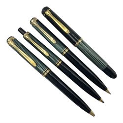 Pelikan Souveran 140 fountain pen, the green and black striped barrel with gold plated beak shaped clip and bands, with gold nib stamped 14C-585, together with matching twist ballpoint pen, push ballpoint pen and propelling pencil, largest approx L13.5cm (4)