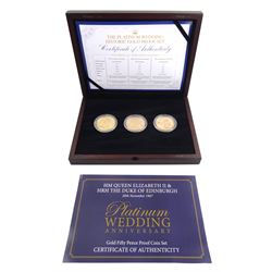 Queen Elizabeth II 'The Platinum Wedding Historic Gold Proof Set', comprising three 22ct gold five pound coins dated 1997, 2007 and 2017, cased with certificate