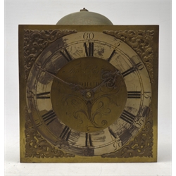  18th century brass longcase clock movement, 10'' x 10'' face with silvered Roman and Arabic chapter ring, engraved and signed 'Thomas Bassett, Wadhurst' ornate cast gilt metal spandrels, 30-hour movement striking on bell  