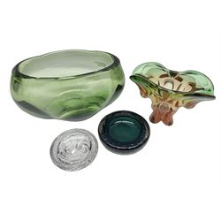 Four glass dishes, comprising of a fluted dish of green and pink glass, a large green dish and two examples with bubble inclusion, largest H16cm