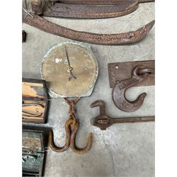 Large quantity of vintage hand tools including scales, scythes, saws etc