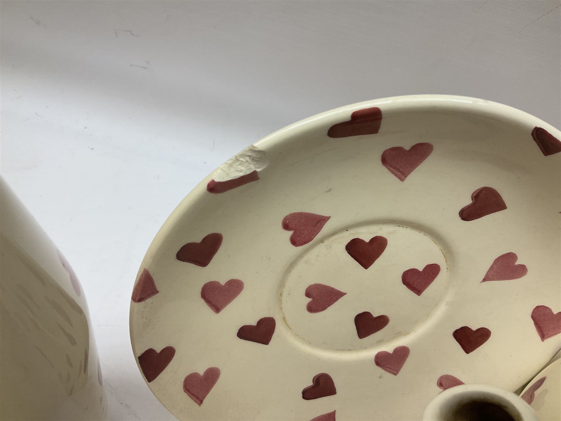Collection of Emma Bridgewater spongeware ceramics, to include Pink Hearts pattern teapot, milk bottle vase, teacup and saucers, Love & Kisses sugar shaker and large 'I love you more than Marlon Brando' mug, British Birds and Black and White pattern mugs, etc, all with printed marks beneath, tallest H21.5cm