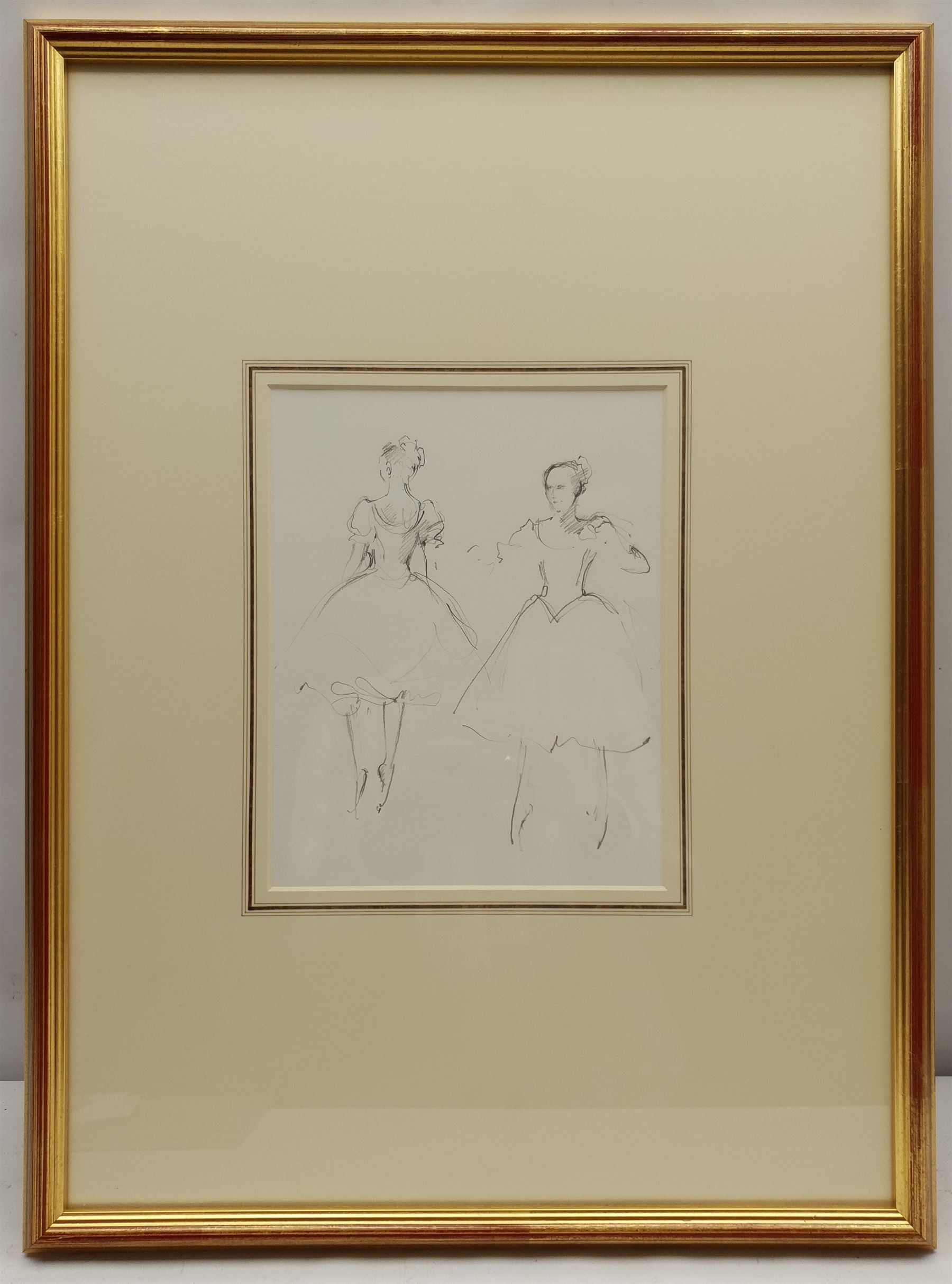 Lesley Fotherby (British 1946-): 'Two Dancers' in Edward II and 'Preparing for Coppelia Study II', two pencil sketches titled on gallerys label verso 25cm x 20cm and 24cm x 19cm (2)
Provenance: exh. 'Lesley Fotherby: Sunlight and Spotlight', Chris Beetles April 2014, No.s 113 and 129, where purchased by the vendor