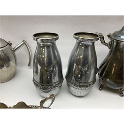 Pair of Beldray Arts & Crafts style chrome plated vases, each with hammered decoration, together with other metal ware including coffee pots, napkin rings, salver, chamberstick, etc 