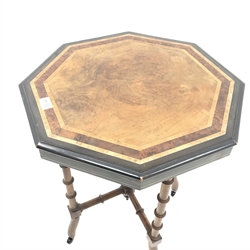 Late Victorian octagonal inlaid walnut, ebonised and amboyna veneered occasional table, D50cm, H64cm