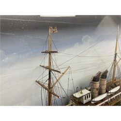 Victorian diorama of scratch built model of steam ship Alexandria, in a glazed case, H41cm, L83cm