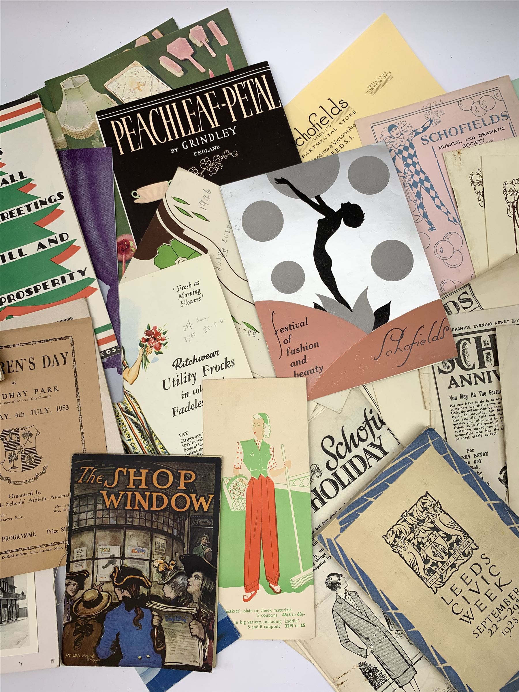 Quantity of paper ephemera relating to Schofields Department Store, The Headrow, Leeds, 1920s - 1950s, including Romance of Schofields 1922, Golden Jubilee Booklet 1951, various catalogues and promotional booklets and leaflets, Christmas offers, greeting cards, marketing and advertising items, menus etc