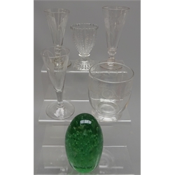  Georgian rummer with lemon squeezer base H9.5cm, three Georgian ale glasses etched with hops & barley, 19th century etched glass mixing bowl and Victorian green glass dump with bubble inclusions (6)   