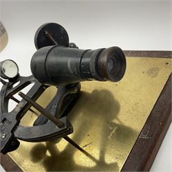 Henry Hughes & Son 'Husun' black finished brass sextant marked H (broad arrow) O No.336; mounted on a mahogany and brassed backboard for wall display 33 x 31cm