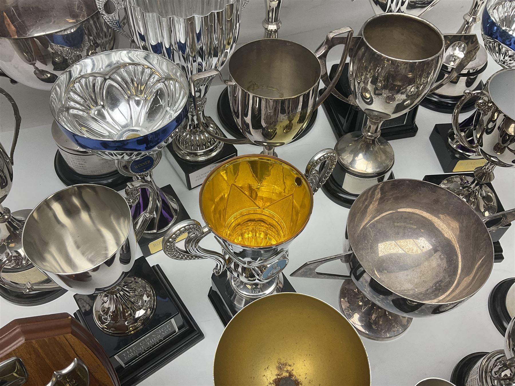 Collection of silver plated and metal trophy cups and winners plaques, all relating to the Burniston and District Show, most engraved with competitions and winner's names, in three boxes 