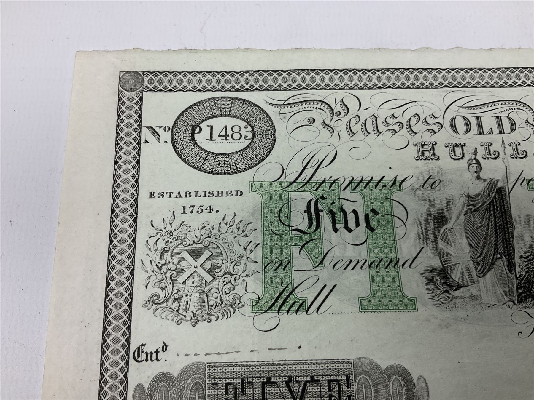 Pease's Old Bank Hull, five pounds banknote for Pease & Sons, numbered P1483, with 'Peases Old Bank, Hull' to the reverse