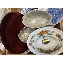 Large group of assorted ceramics, to include various tea wares, decorative plates, Hornsea, Royal Commemorative ware, figures, miniature Coalport teawares, etc., in five boxes 