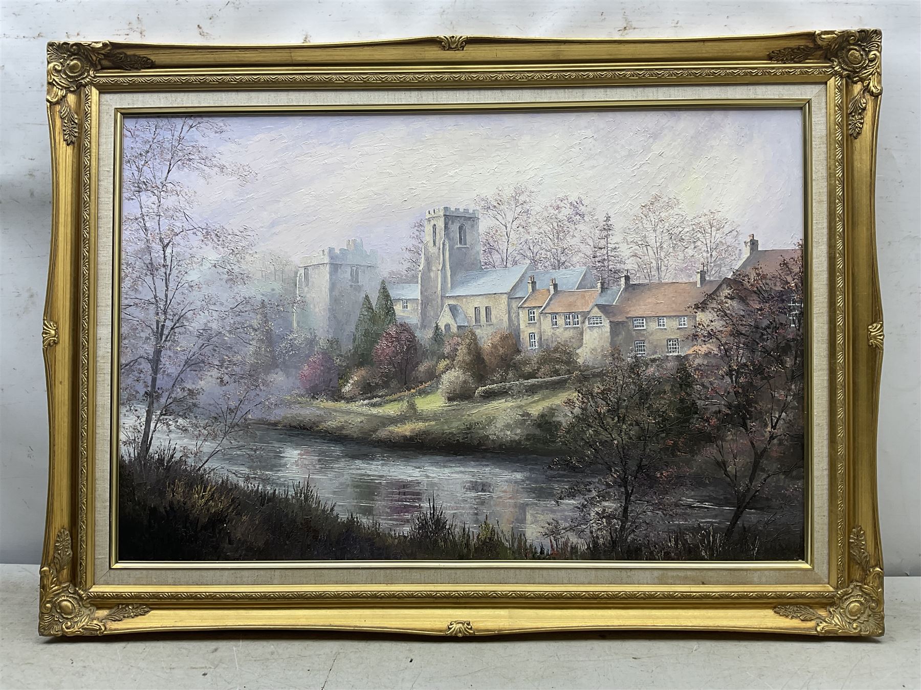 Glynn Barker (Beverley 20th Century): 'Whitby Harbour' 'South Cave Market Place' and a View of Helmsley from the River Rye , three oils on board signed max 50cm x 75cm (3)