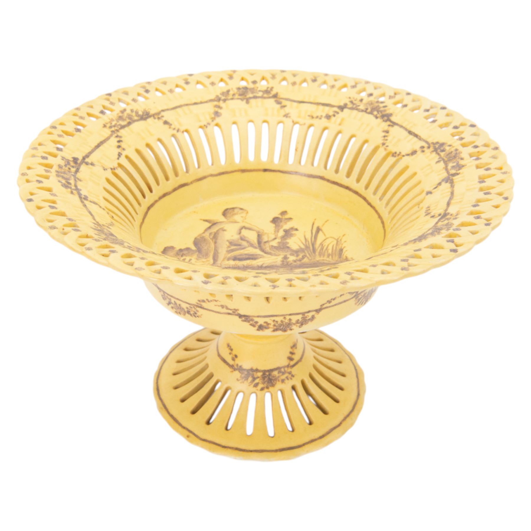 Continental tazza, decorated with swag, the central panel with cerub, marked Toussi Court beneath, H20cm