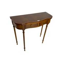 Yew wood serpentine console or side table, fitted with two drawers