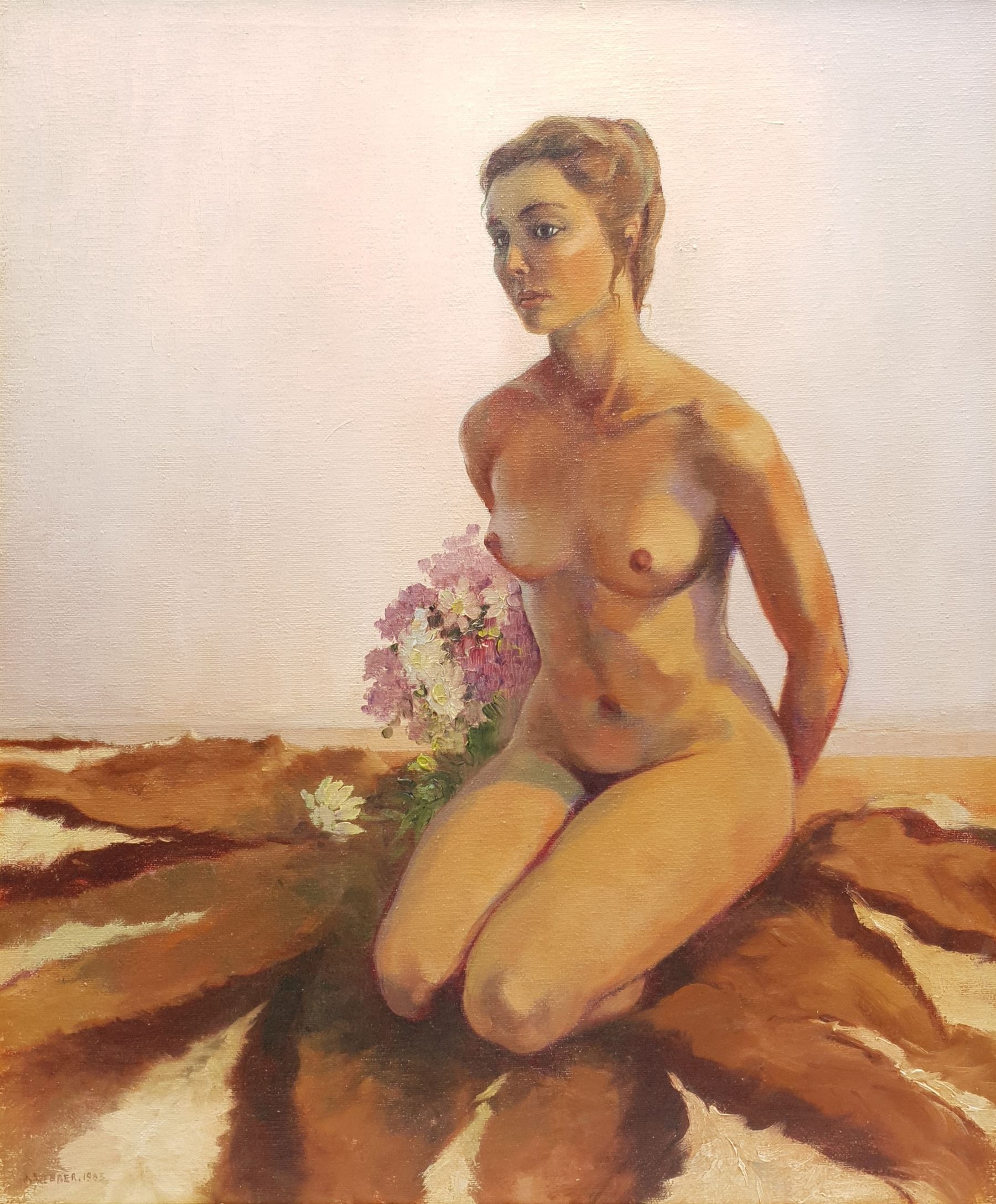 A Webber (British 20th century): 'Sarah’s Bouquet', oil on canvas signed and dated 1983, titled on the stretcher verso 50cm x 60cm