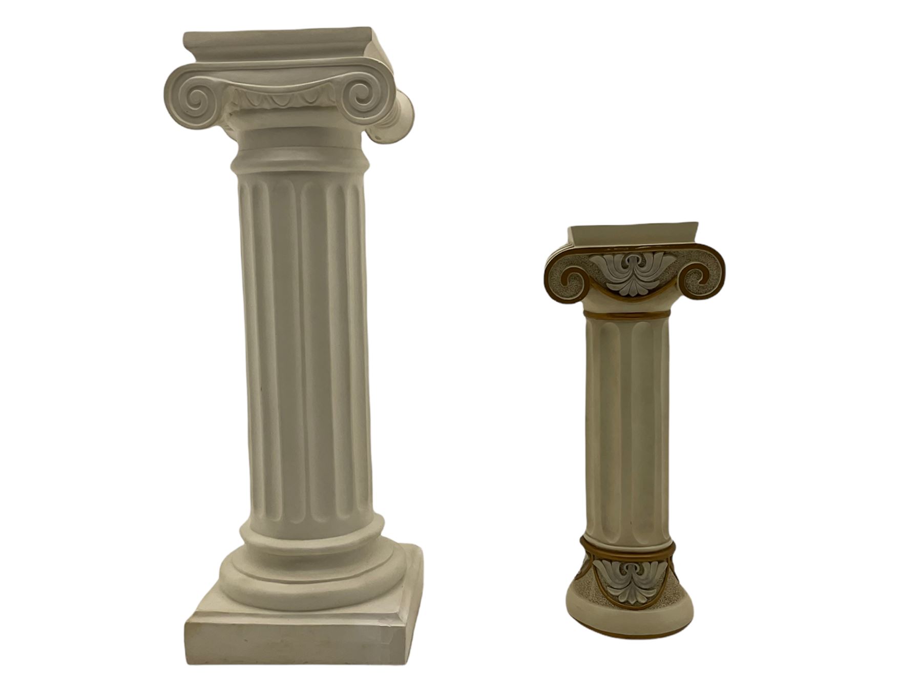 Classical Ionic style column in white finish with scrolled capital, fluted body on moulded plinth base (H97cm), and a similar small column stand (H68cm)