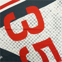 Louis Vuitton America’s Cup stole, the Damier-pattern ground with navy, red and white graphic panels, large ‘35’ motif and Louis Vuitton and America’s Cup lettering, fringed ends, label stamped Louis Vuitton Paris, 65% cotton and 35% silk, made in Italy, 201cm x 66cm