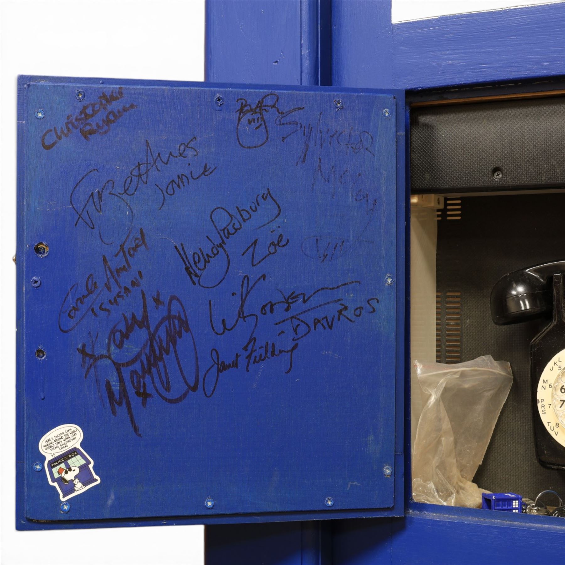 Doctor Who - full scale scratch built replica TARDIS, with functioning lantern and ringing telephone, the telephone door autographed by several Doctor Who cast members including Sylvester McCoy, Frazer Hines, Wendy Padbury, Janet Fielding and Caroline John
