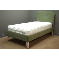  Sofa.com scallop single upholstered bed in deep moss brusshed linen cotton, beech tappered supports, memory pocket mattress, W98cm, H110cm, L101cm   