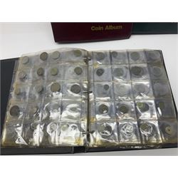 Great British and World coins including old round pounds, crowns, commemoratives, United States of America, housed in five folders and loose, with wooden storage box 