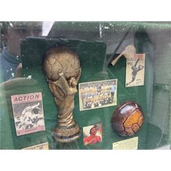 Four framed sporting memorabilia displays, the largest example containing 1930s cricket memorabilia, together with two fishing displays and a football display, each within wooden glazed frames, largest H105cm