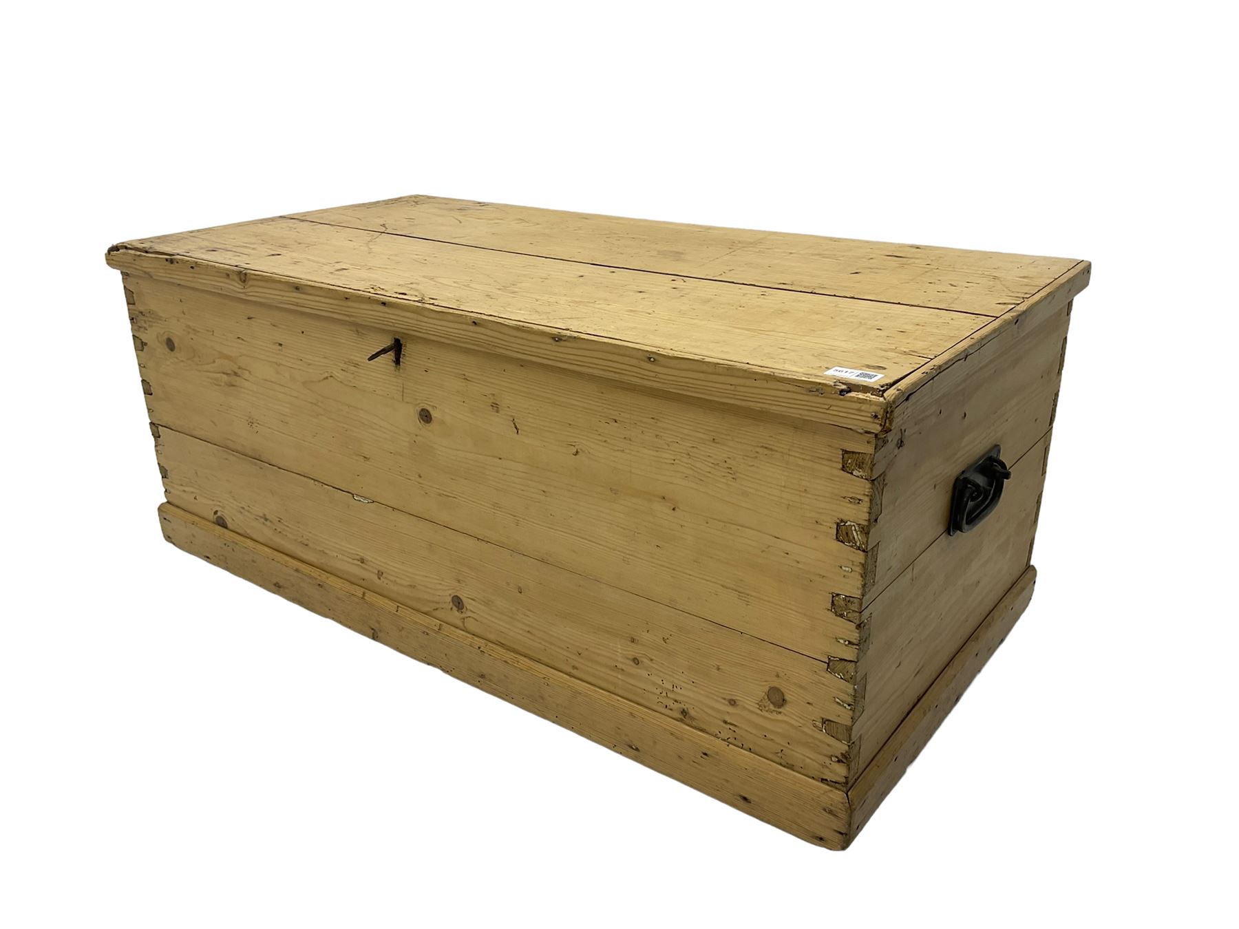 Victorian pine blanket box, hinged lid, with metal carrying handles