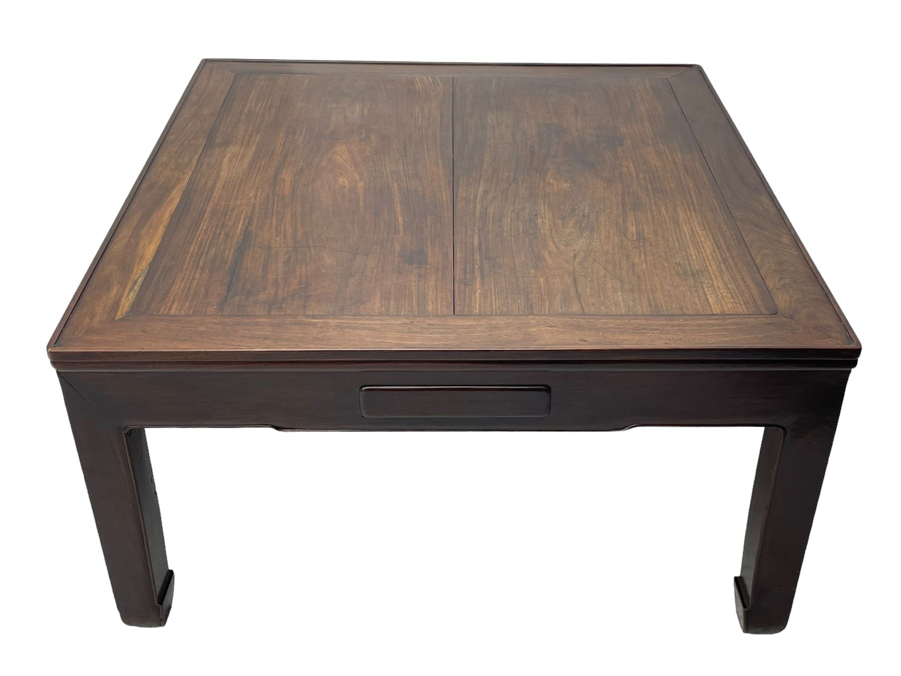 Fine 19th century Chinese Qing dynasty hmong wood mahjong or coffee table, Ming design, square top with raised moulded lip, each side fitted with small drawer, on square supports with hoof feet