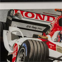 Four Formula 1 racing prints by Nik Curry, all within black frames, largest H38cm, W58cm